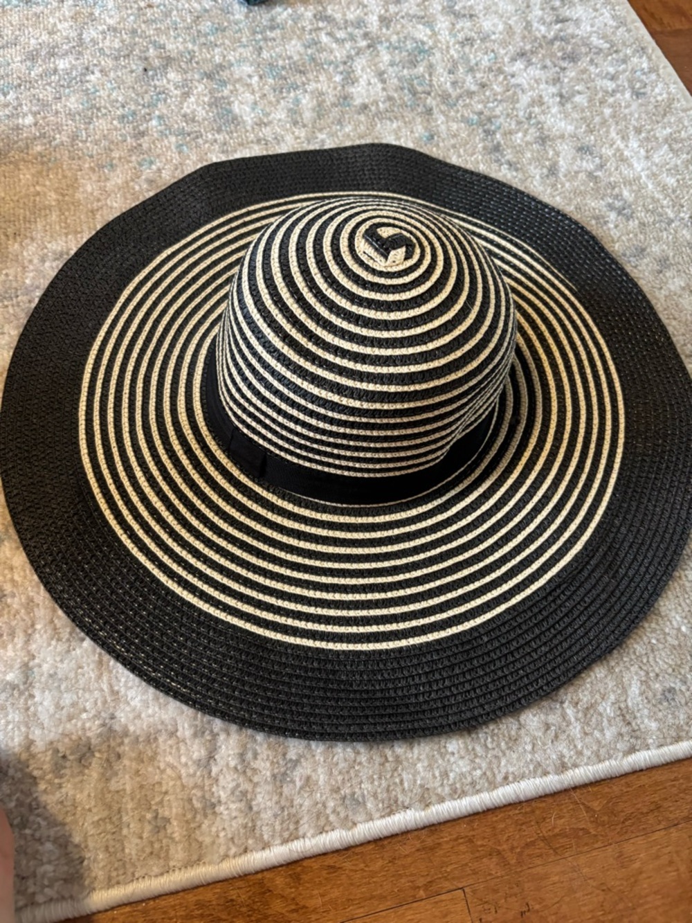 Wide Brim Straw Sun Hat in Black and White Stripe